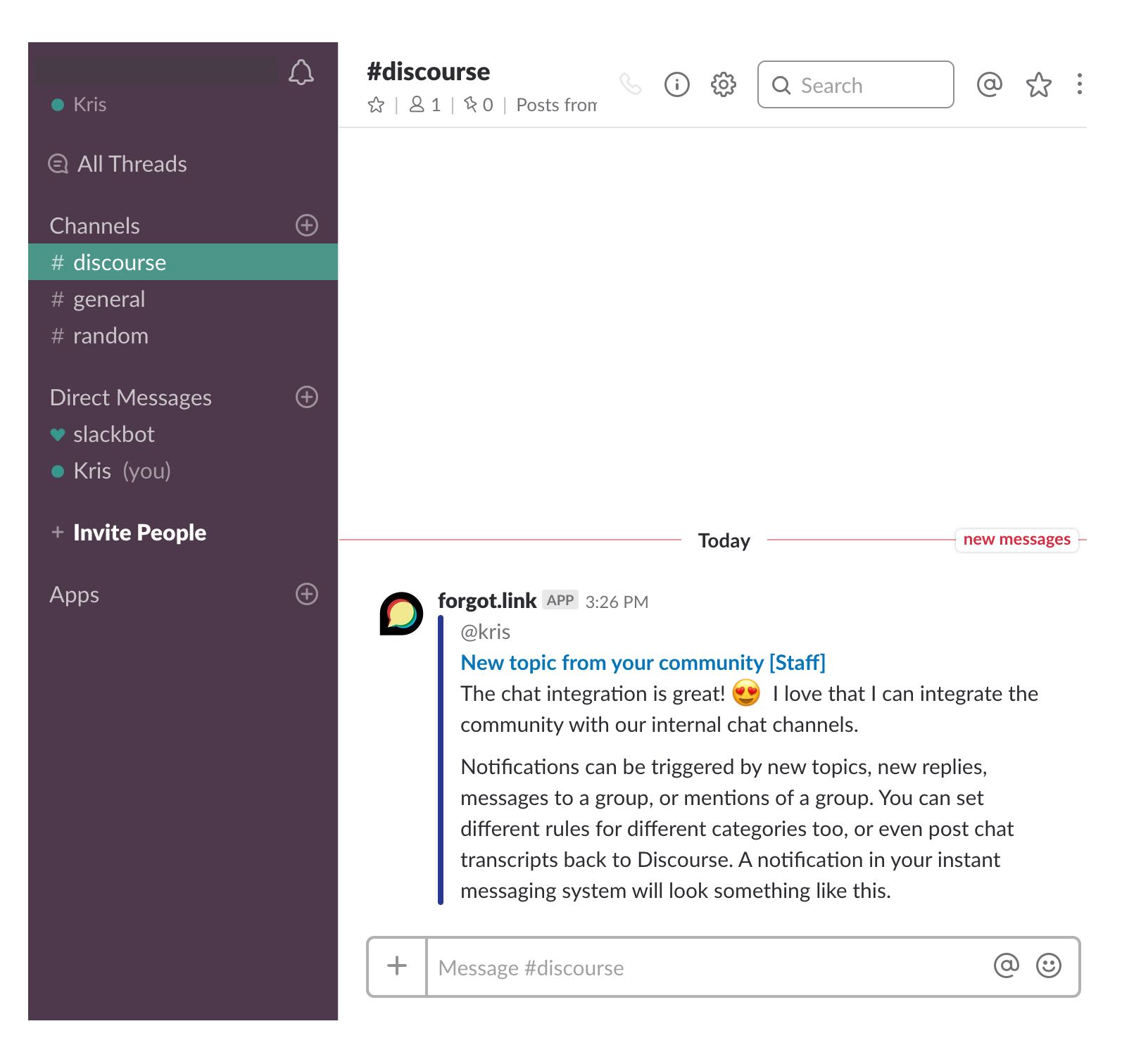 Slack chat with Discourse notification