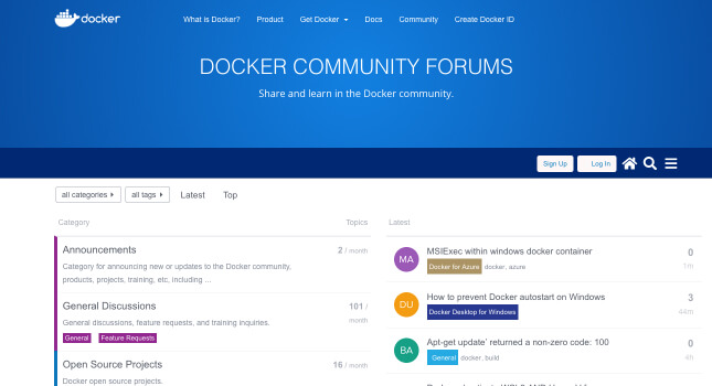 Docker Discourse forum homepage