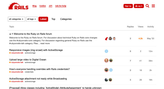 Ruby on Rails Discourse forum homepage